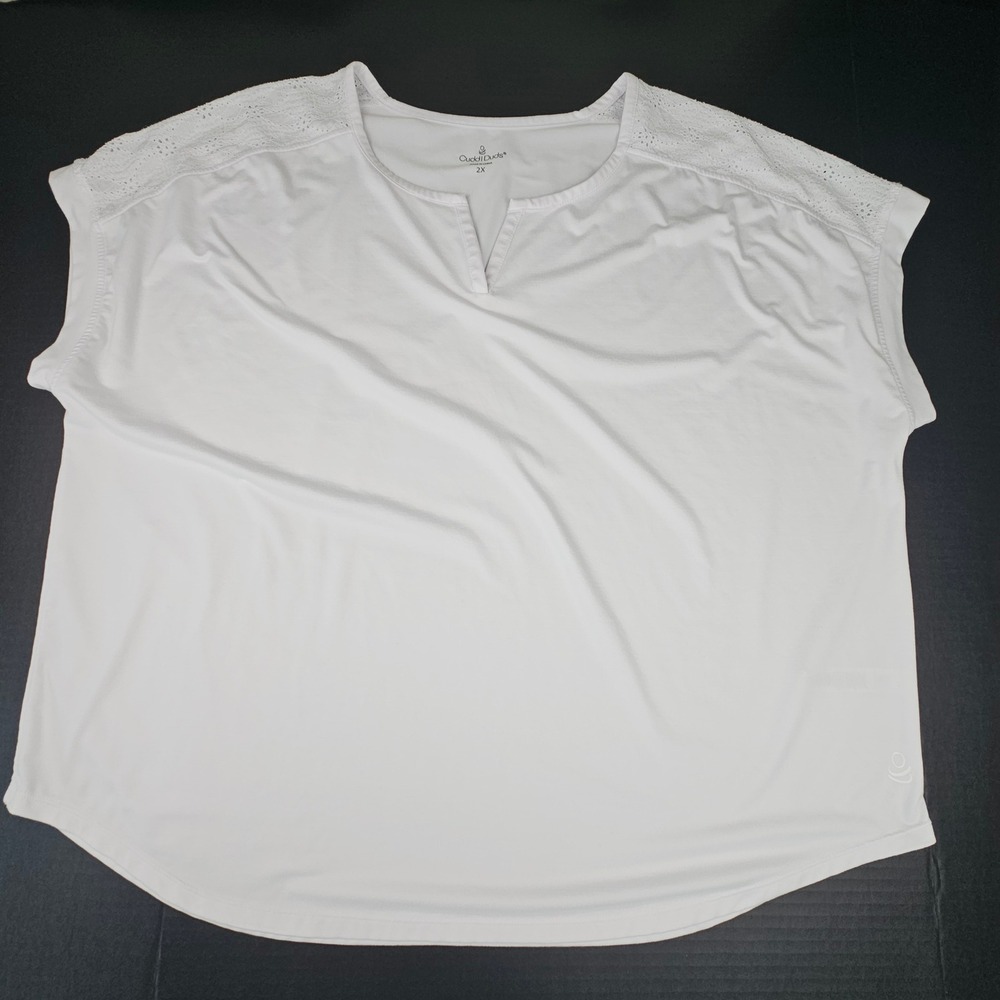 Cuddl Duds White Eyelet Lace Shoulder Notch Neck Short Sleeve Top 2X Super Soft